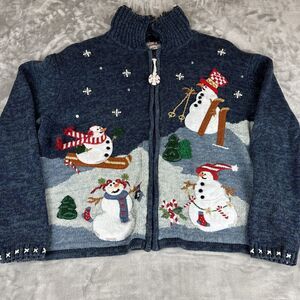 Vintage Heirloom Collectibles Snowman Sweater Womens M Petite Blue Zip Up (0979)